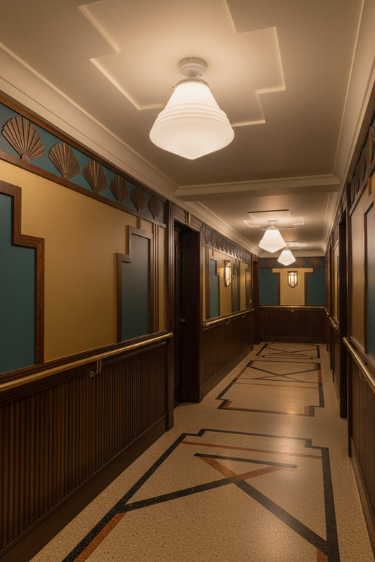 Marlinton Glass Flush Mount Light white in deco hallway