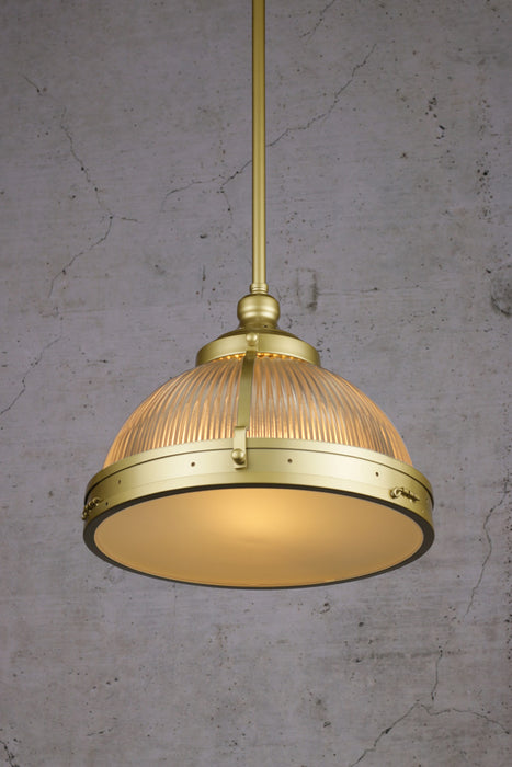 Ribbed glass pole pendant in gold brass with frosted shade