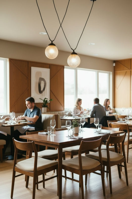 Two glass shade pendant lights with vintage detailing over a mid century mondern inspired restaurant. 