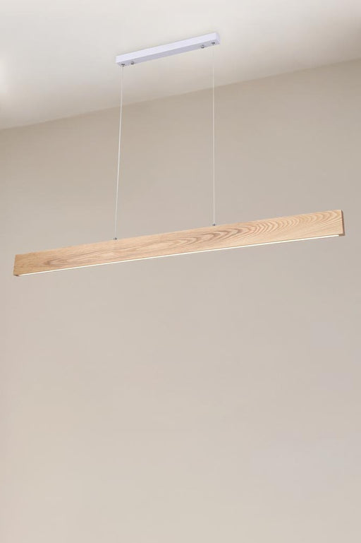 Lancelin wood linear pendant close up with a beige background. 