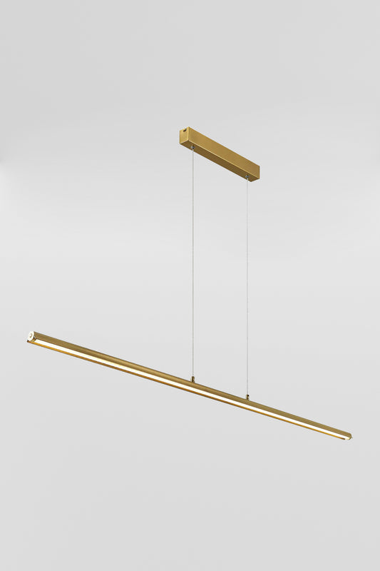 Linear LED pendant light in brass finish. 