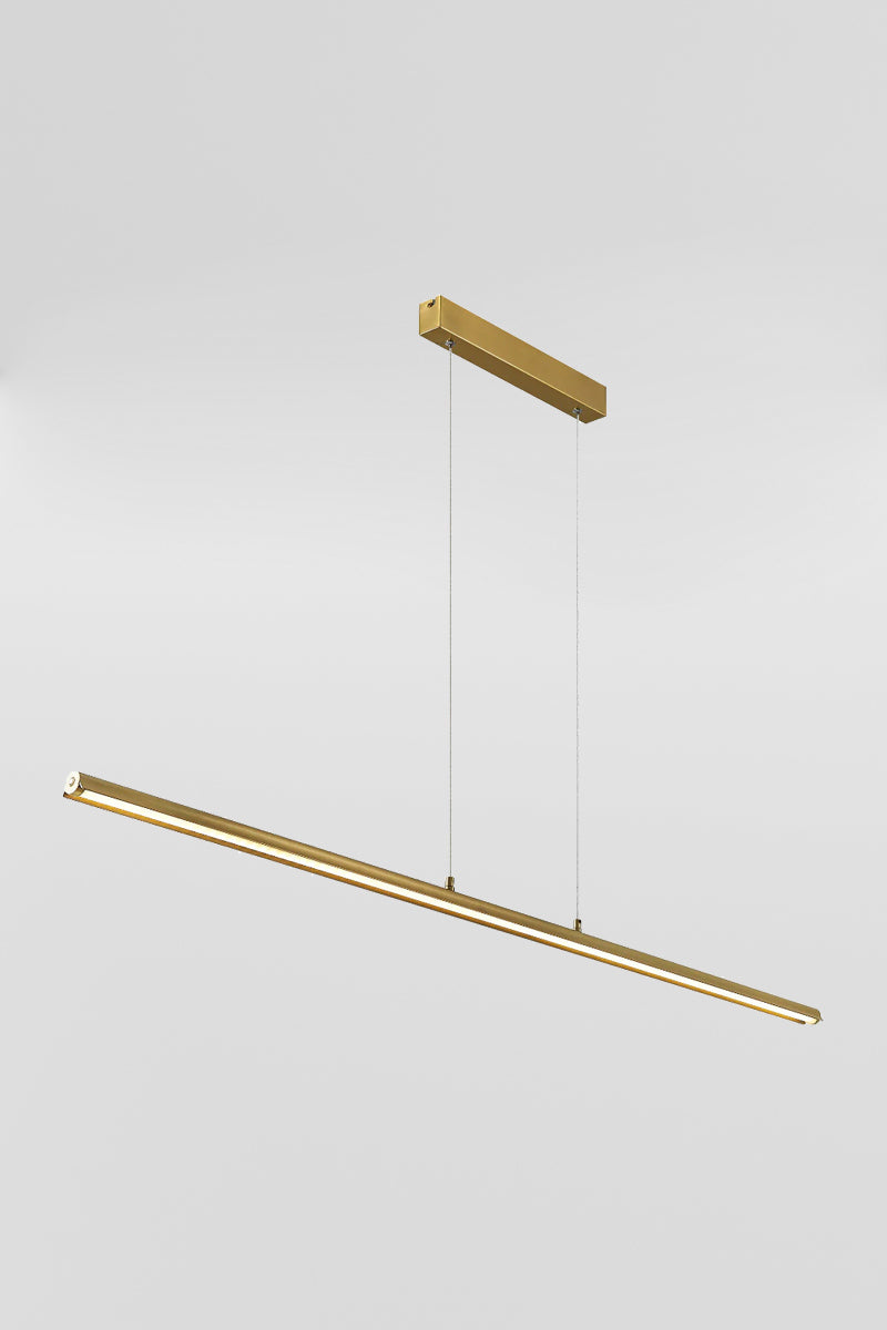 Linear LED pendant light in brass finish. 