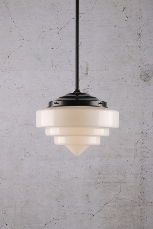 Pensacola Deco Pole Pendant with a black pole and large shade. 
