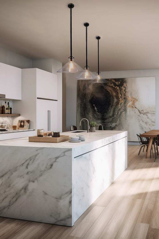 Lab funnel rod pendants over a kitchen island bench