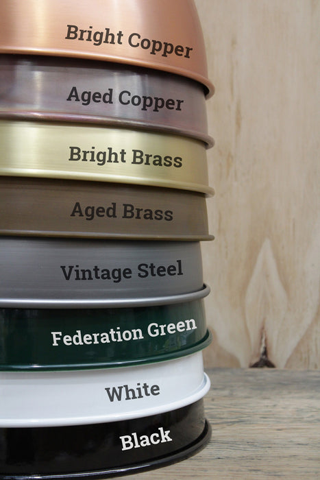 8 shade finishes listed: bright copper, aged copper, bright brass, aged brass, vintage steel, federation green, white, black