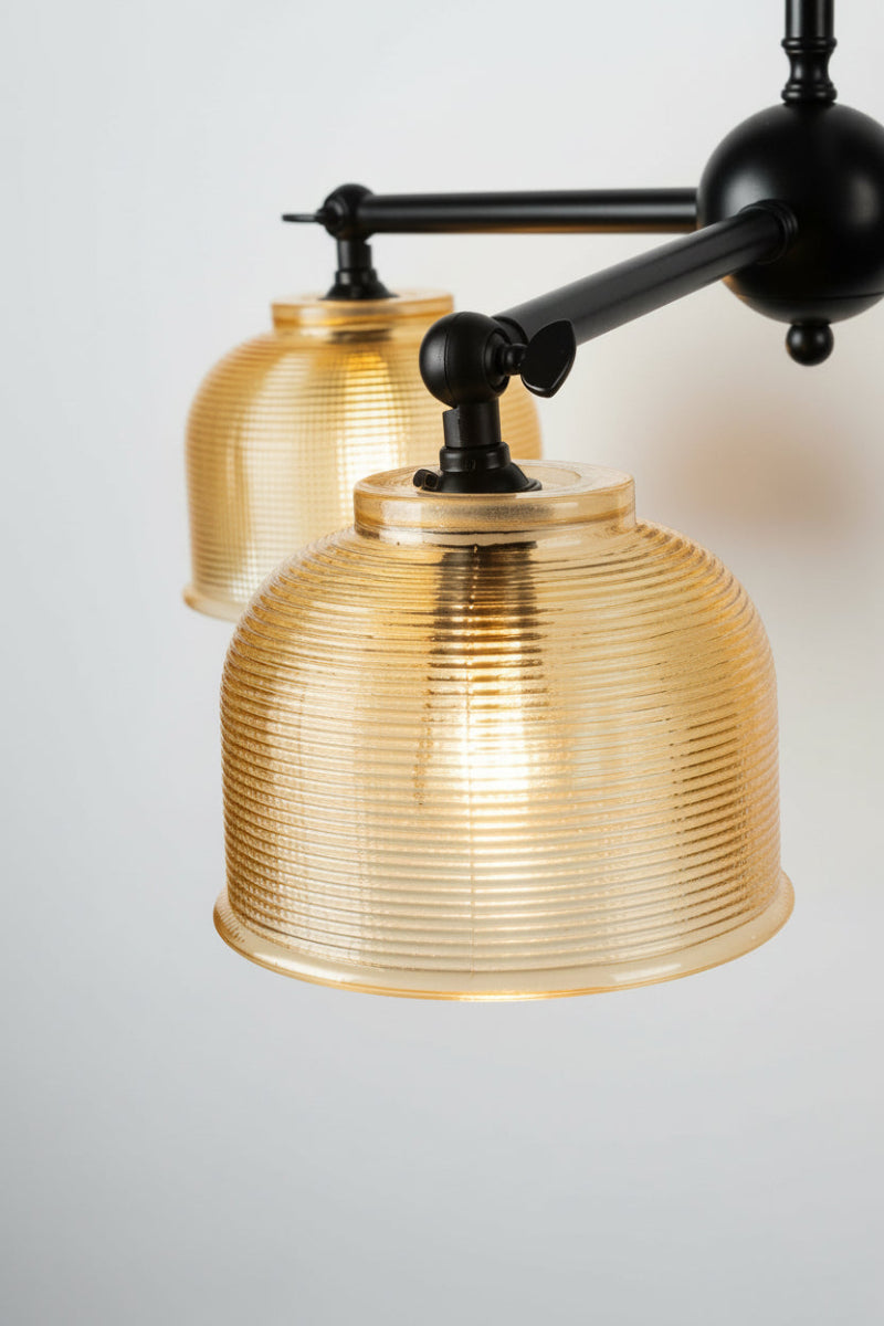 Close up of the small amber shades on the 3 arm black frame