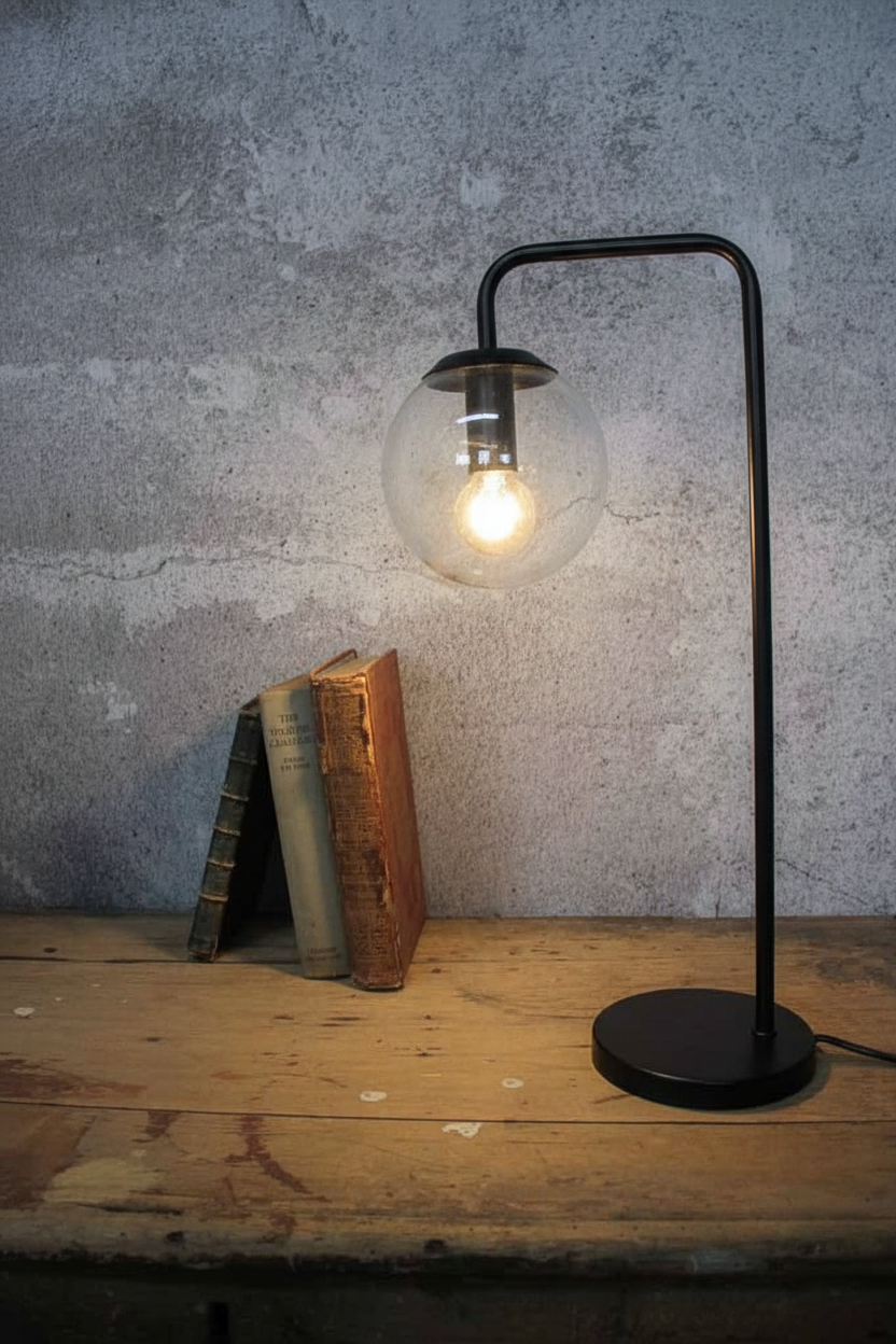A black metal table lamp with a round clear glass globe shade and a glowing bulb, 