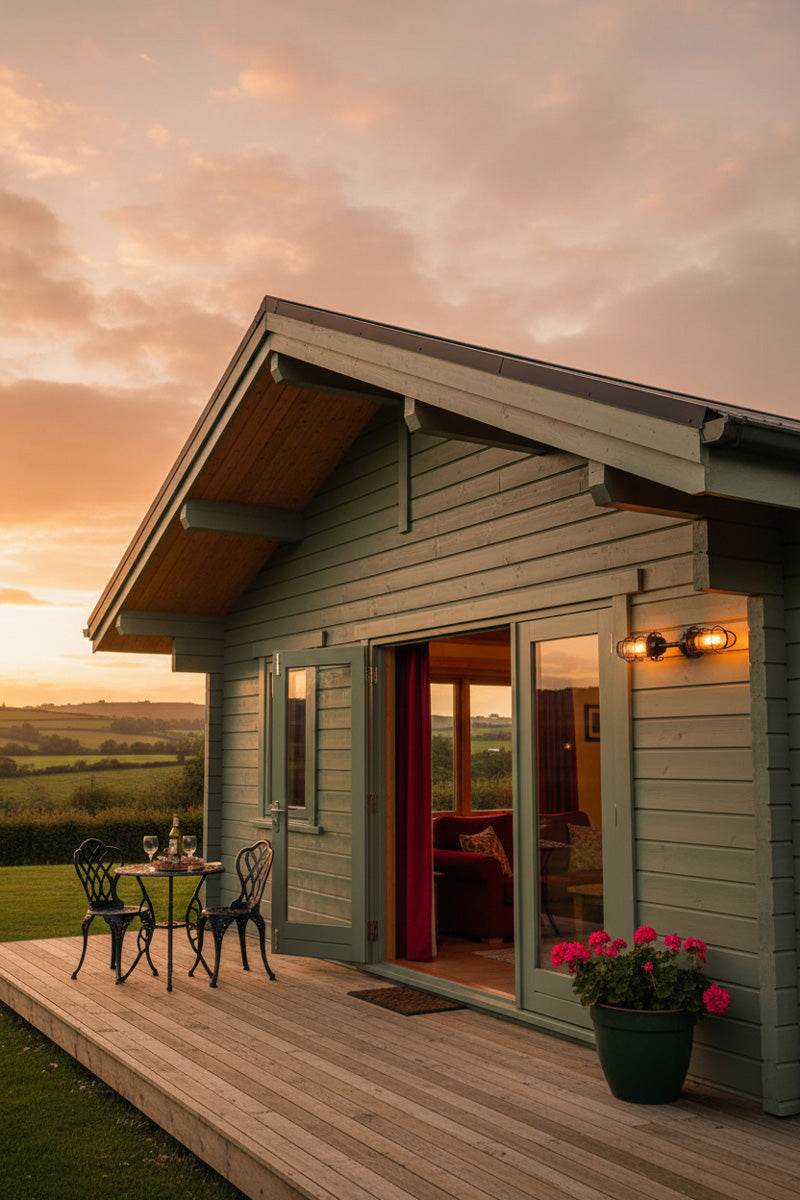 A modern log cabin exterior at sunset with a Double bunker on a wooden deck,