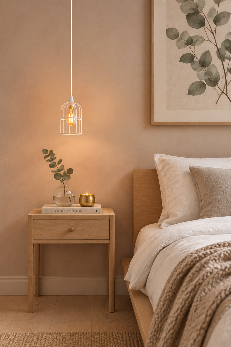 White wire cage pendant light on a white cord with a glowing filament bulb, hanging over a timber bedside table