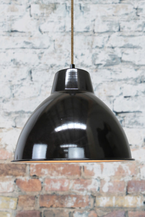 Industrial black pendant light for brewery with jute cord