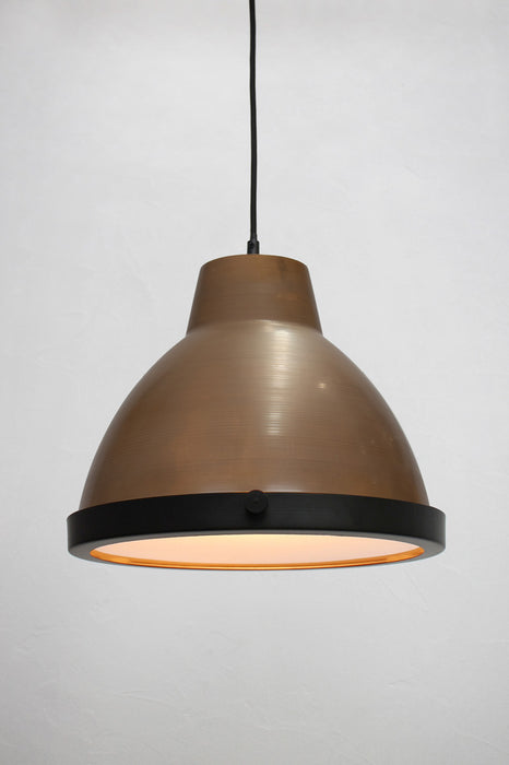 Aged brass loft pendant round black cord with flat glass cover