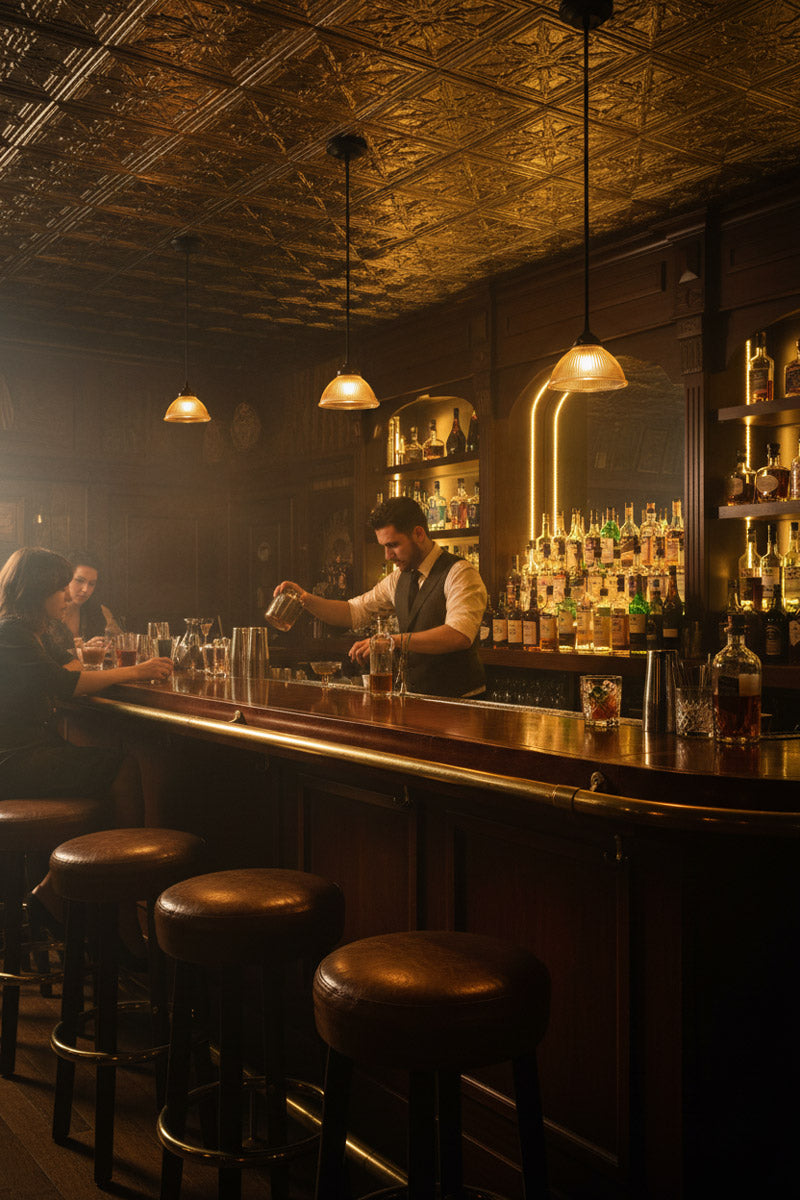 Bar scene with a bartender behind the bar, with 3 amber glass como lights above bar