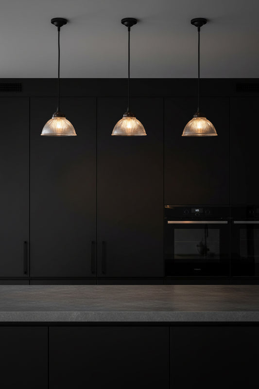 Three como clear pendant lights hanging above a kitchen counter with a dark cupobards. 
