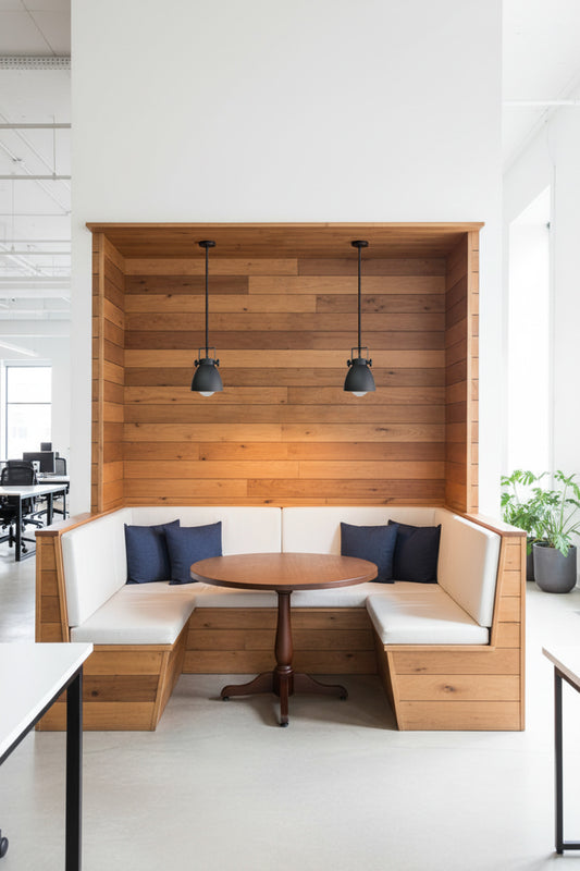 Wooden booth with round table and cushioned seating in a modern office setting with 2 pendants overhead