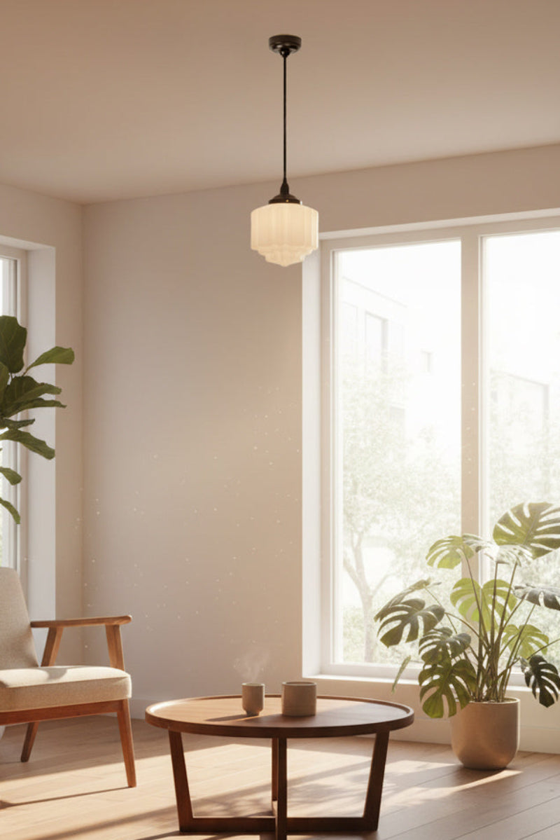 Small opal glass Art Deco pendant light ith black pendant cord in a clean light filled living space. 
