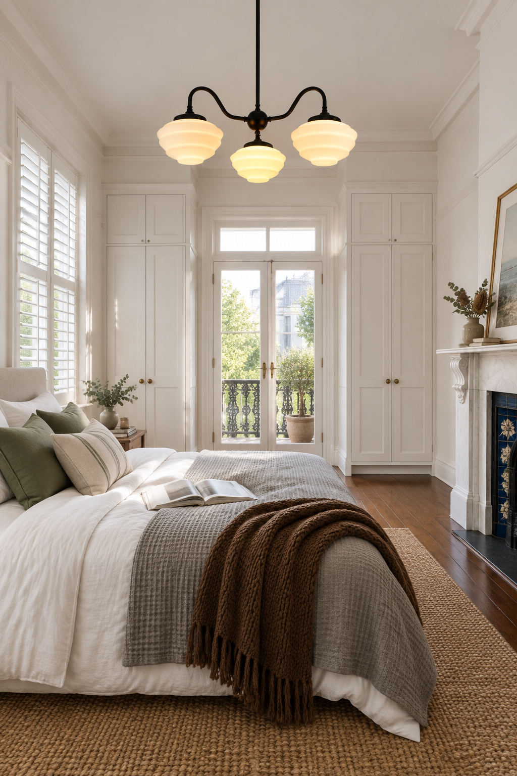 Three light black gooseneck chandelier with opal shades in a modern vintage vibe bedroom. 