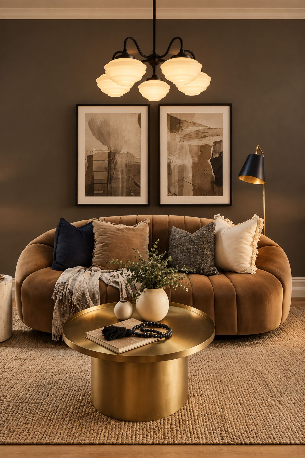 A styled living room scene featuring a curved brown velvet sofa with multiple textured throw pillows, a round metallic gold coffee table, a Black 5 light gooseneck chandelier with opal shades in a modern lounge room. 