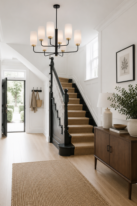 Boucherie glass pendant light 8 light black with opal glass shades in a contemporary class entryway. 