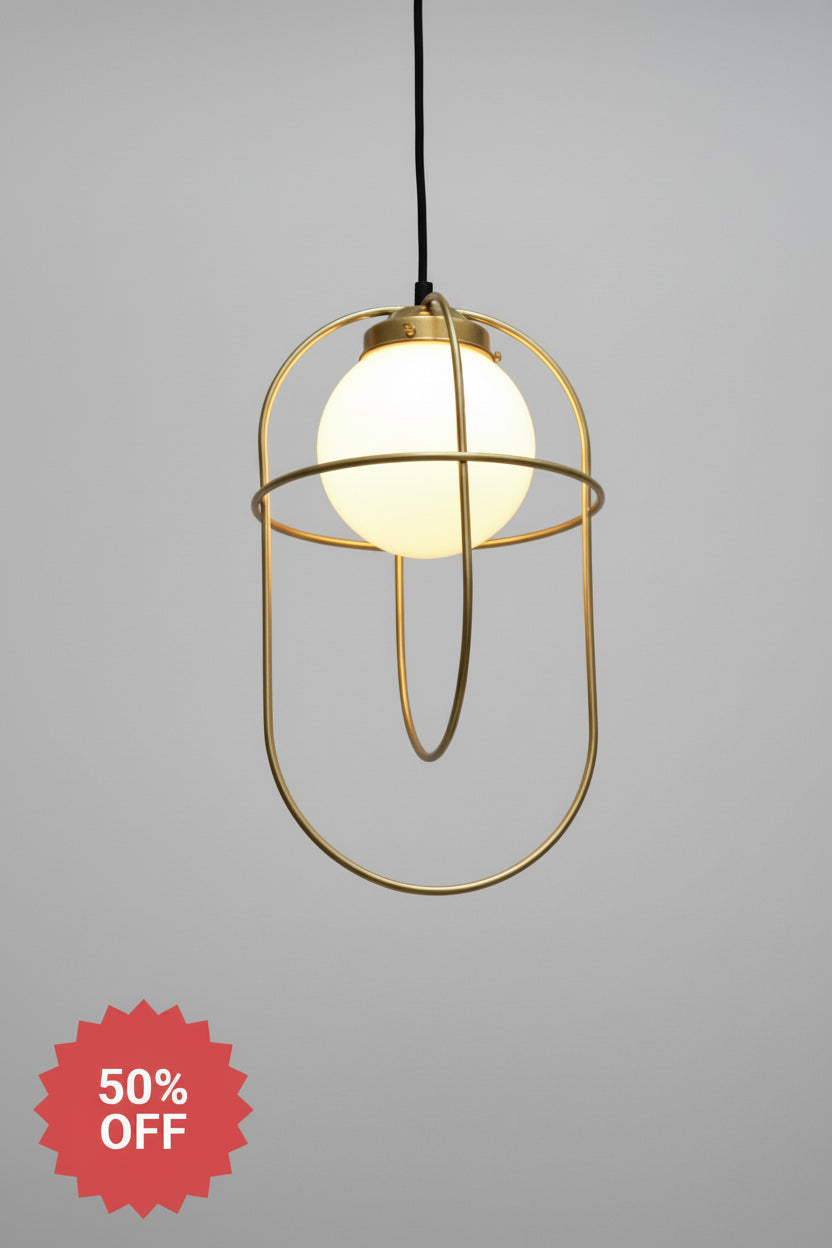 Pendant light with opal glass ball shade and gold/brass metalware.