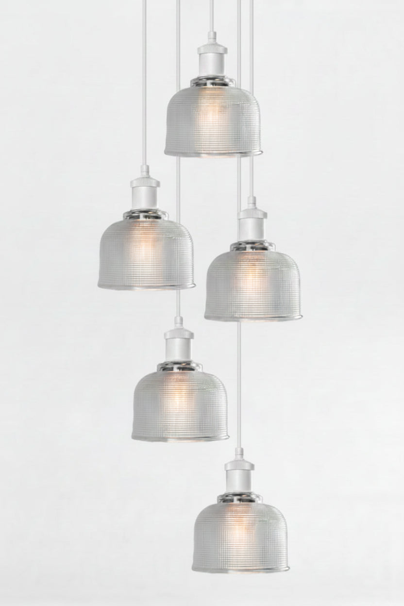 5 light multi pendant with black ceiling rose, white pendant cords and crosshatch glass clear shades. 