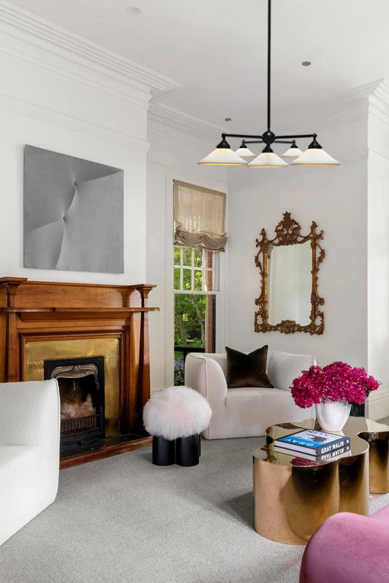 Black steel 5 arm chandelier in living room