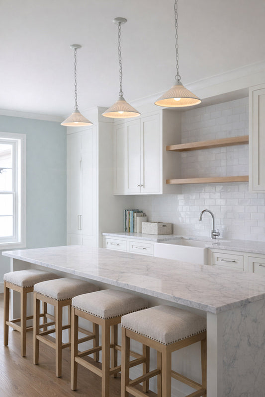 3 ceramic pendant lights over kitchen counter