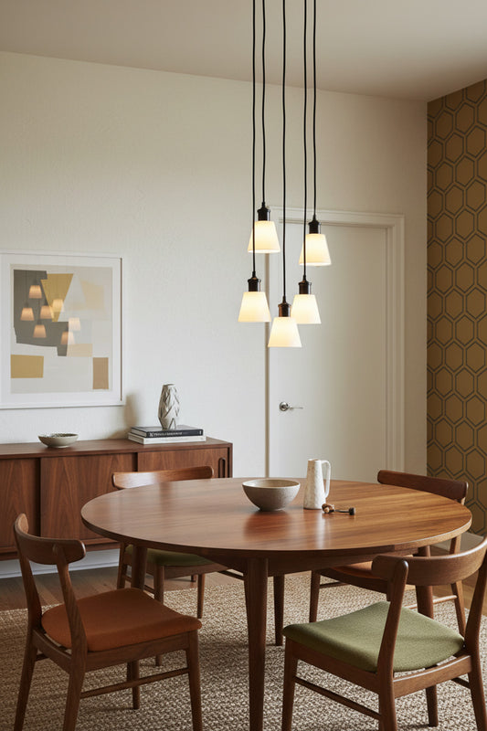 Black five light pendant with large ceramic shades over dining table