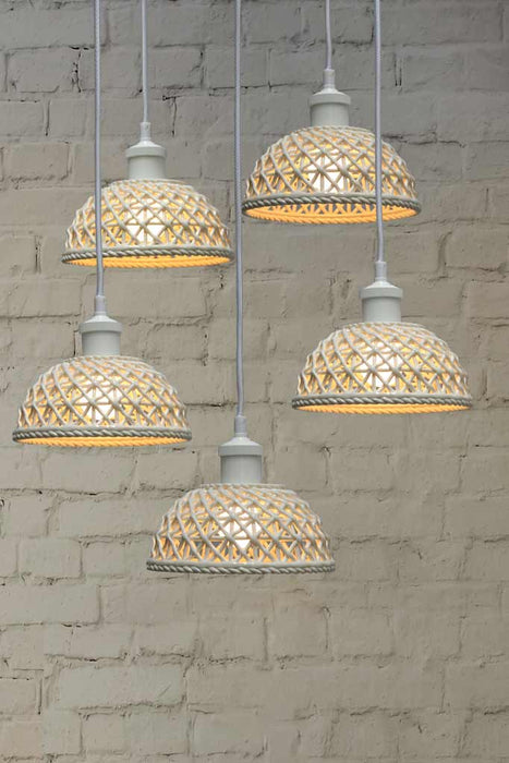 white  5-drop light chandelier featuring large ceramic shades