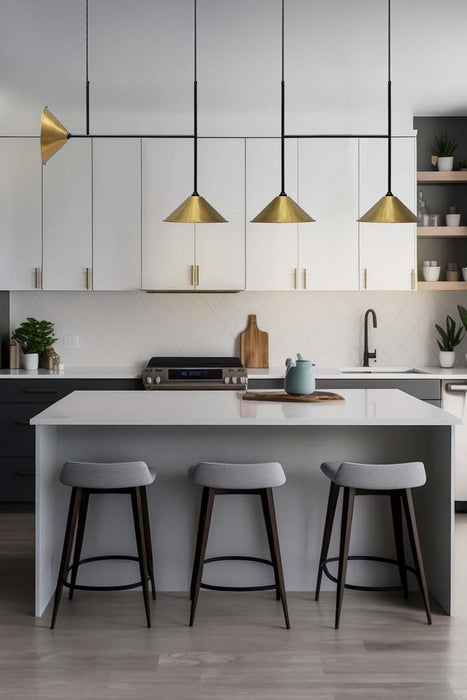 Cone Junction Light in black A B with brass cones over kitchen bench