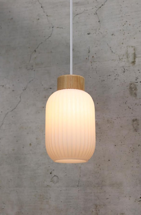 Dane Ribbed Glass Pendant Light in small size with wooden top