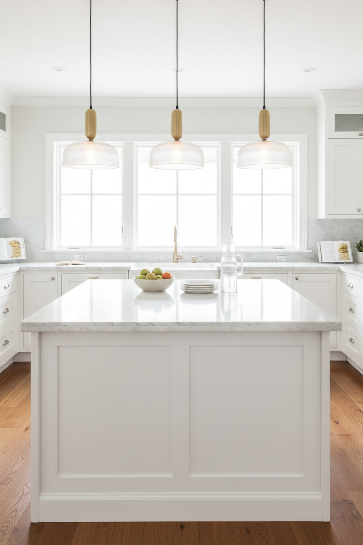 clear Chapman Glass with gold Tube Pendant over kitchen 
