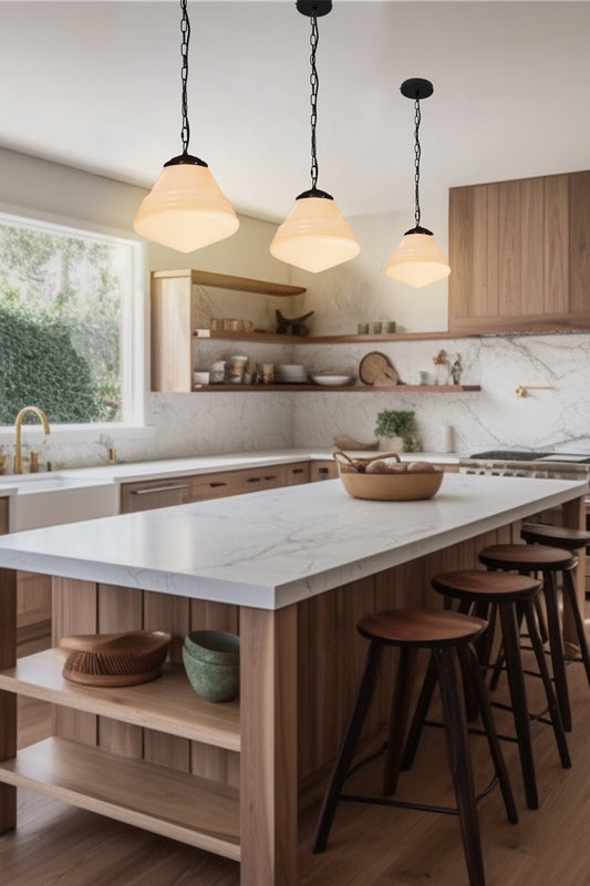 Three Schoolhouse Pendant Lights - Marlinton,over a large kitchen island