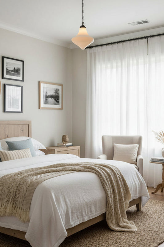 Schoolhouse Pendant Light - Portland with black chain cord in a bedroom 