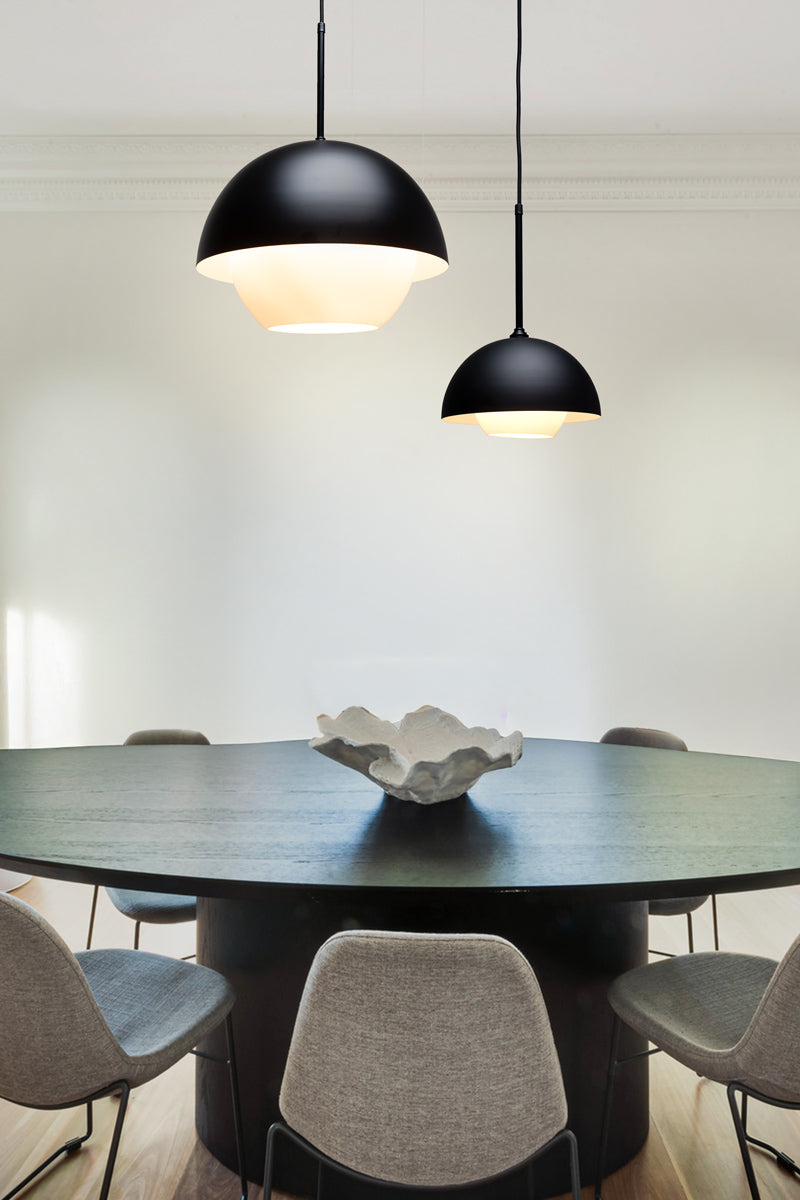 large and small shades over table