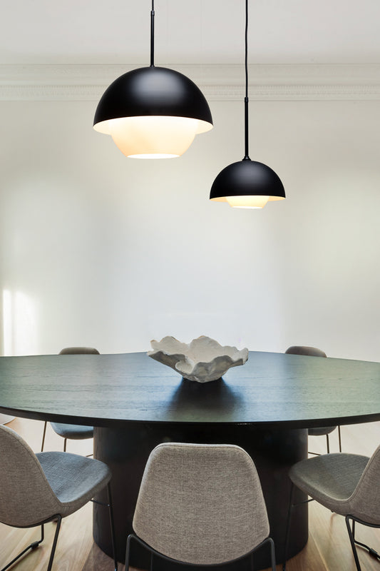 large and small shades over table