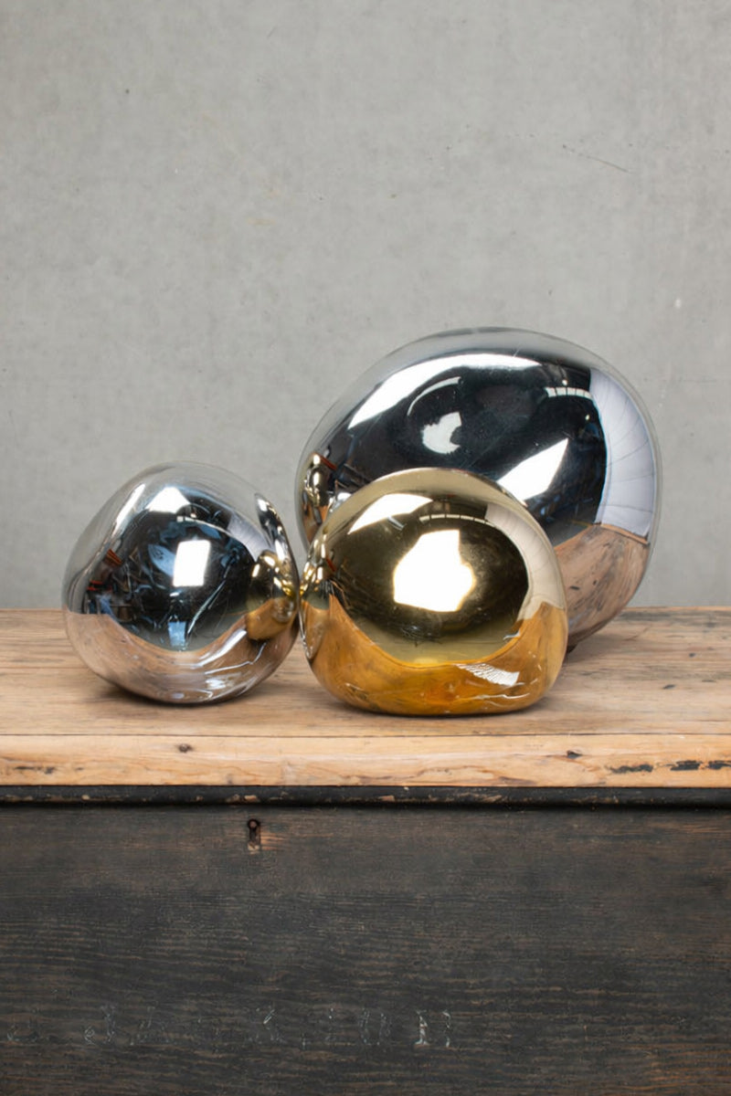 Northern Orb Pendant Lights in small amber and large and small in grey