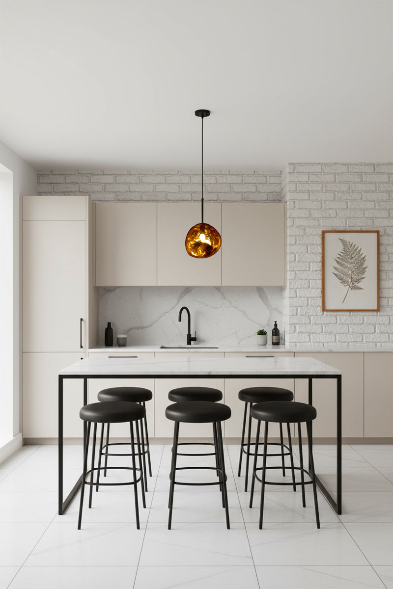 large glass pendant over kitchen table