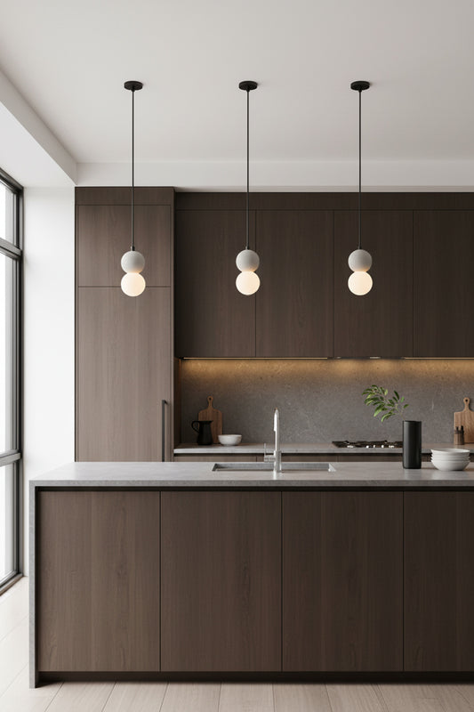 Three opal glass ball and concrete ball pendant lights over a modern kitchen with walnut cabinets. 