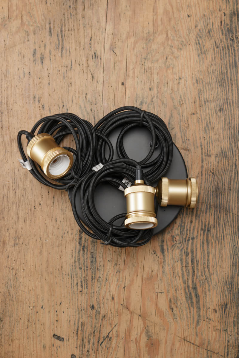 3 drop pendant fixture with black 20cm ceiling rose and black cord and gold/brass E27 lampholders. 