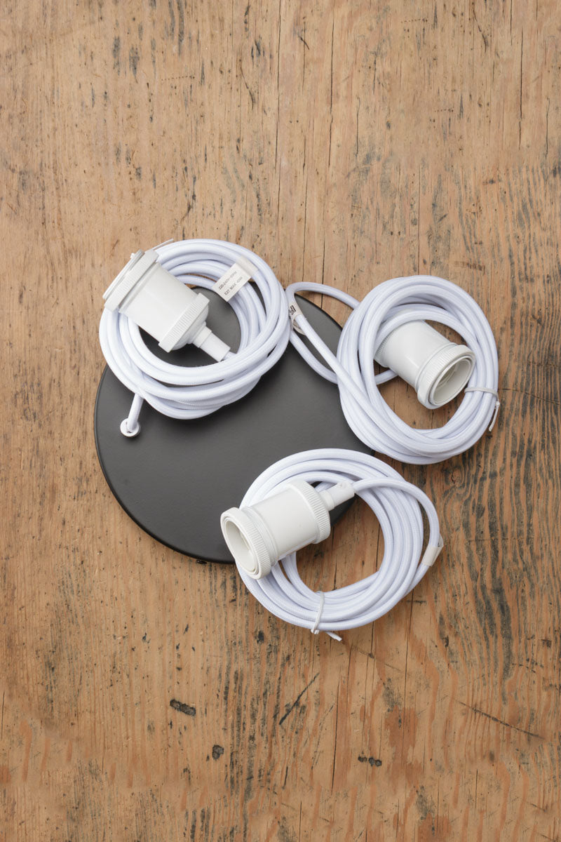 3 drop pendant fixture with black 20cm ceiling rose and white E27 pendant cords. 