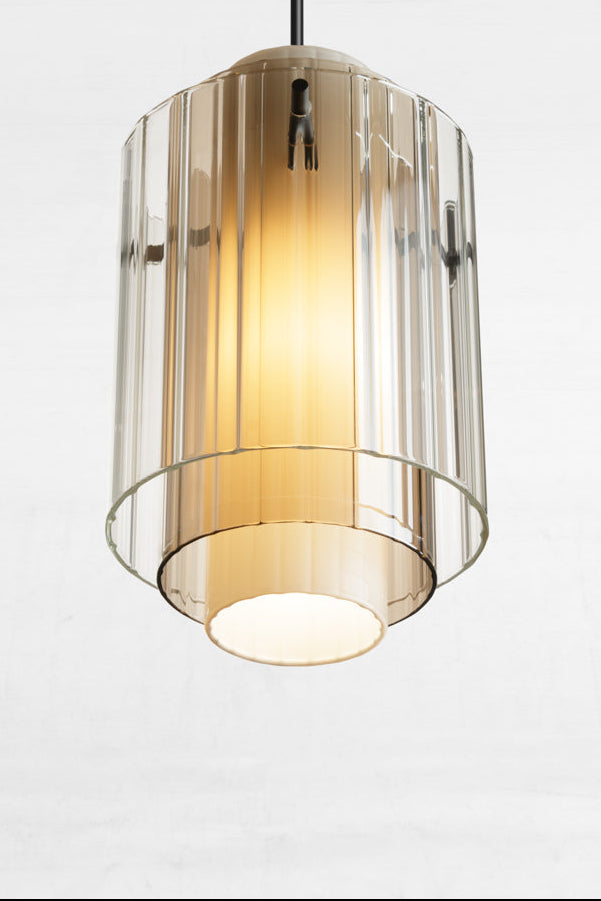 Under view of the three layer glass shade with opal, amber and clear glass. 