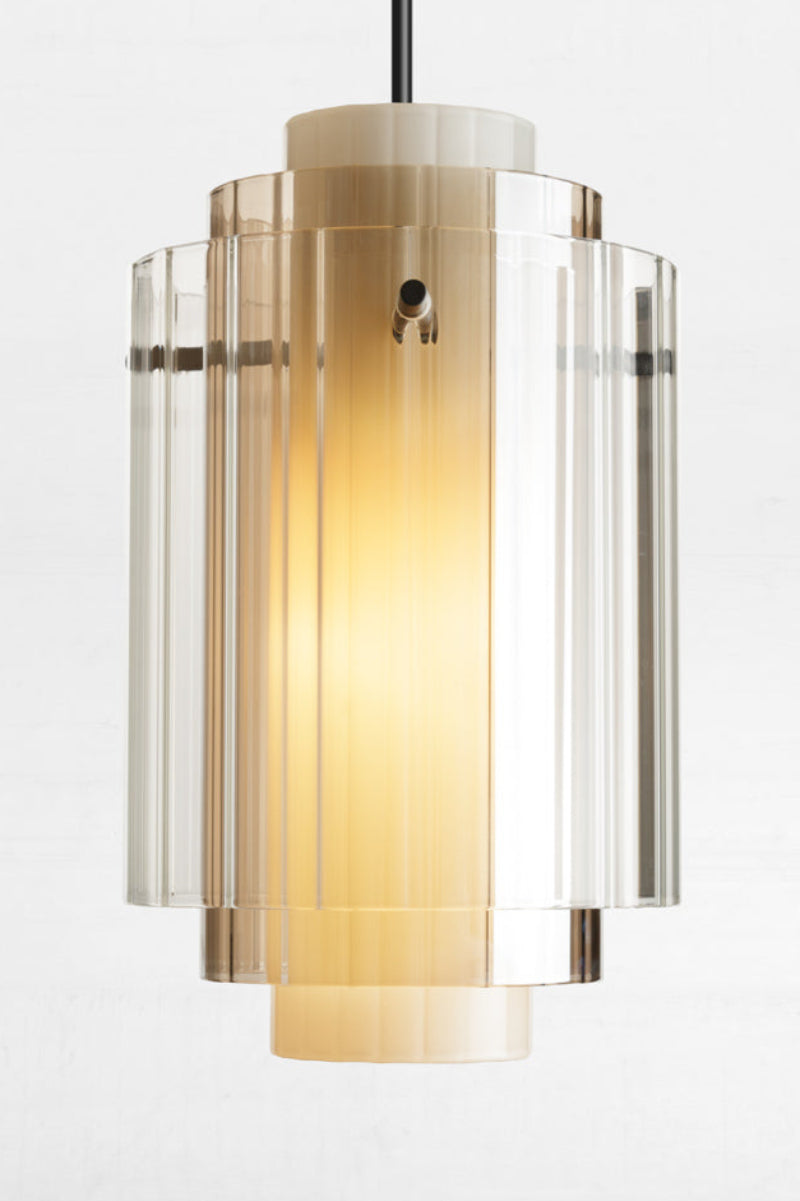 Close up of the three layer glass shade with opal, amber and clear glass. 