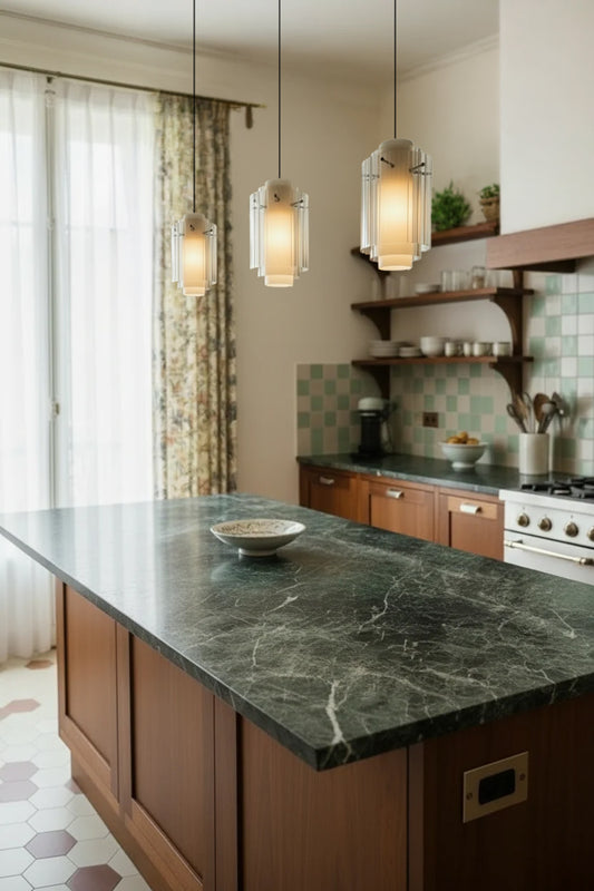3 lights over the kitchen island 