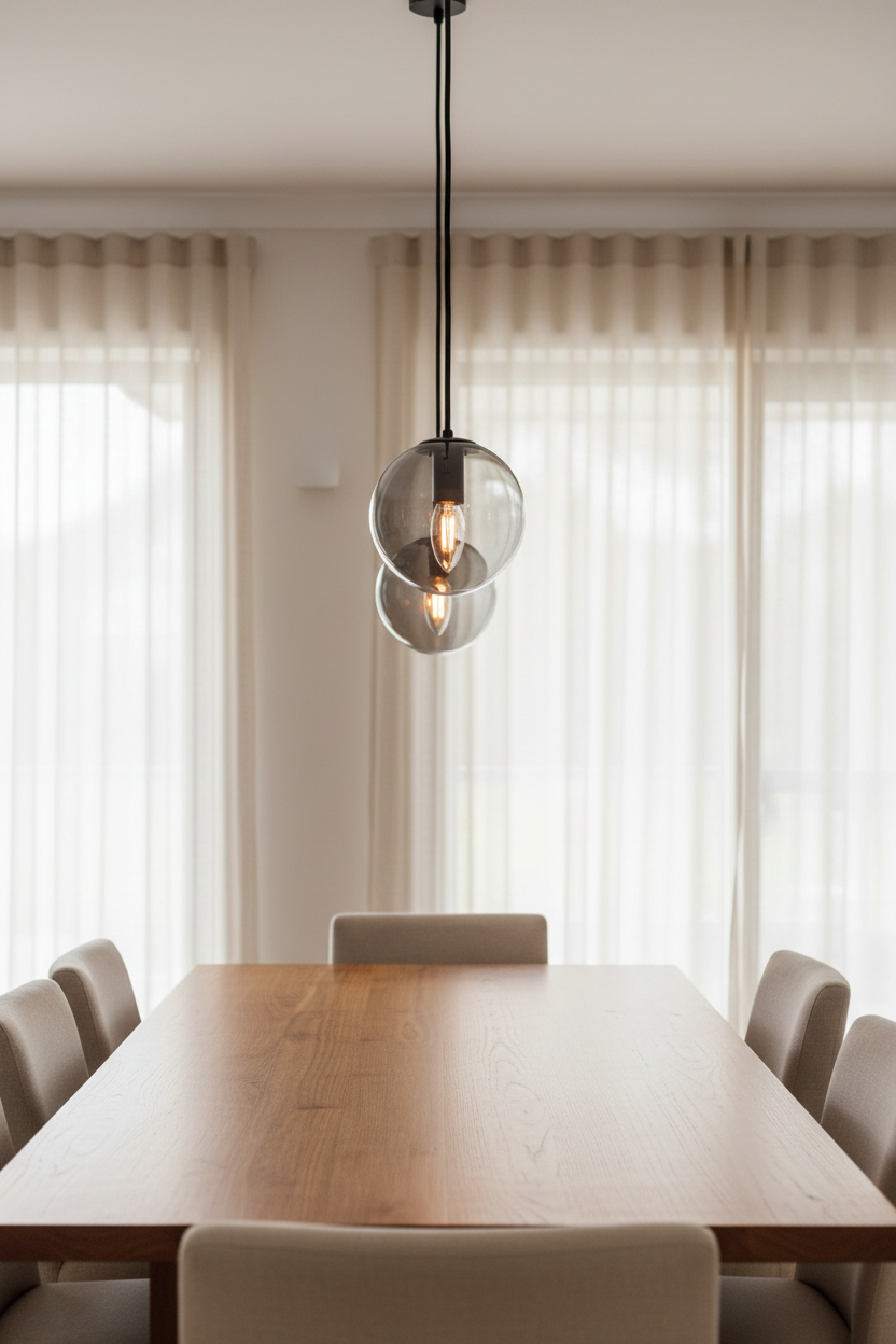 2 grey glass shades in a linear design over a dinning space. 
