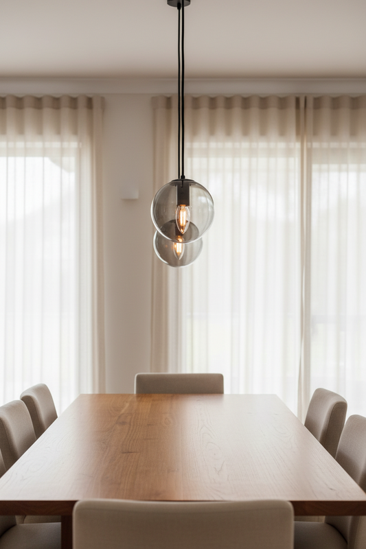 2 grey glass shades in a linear design over a dinning space. 