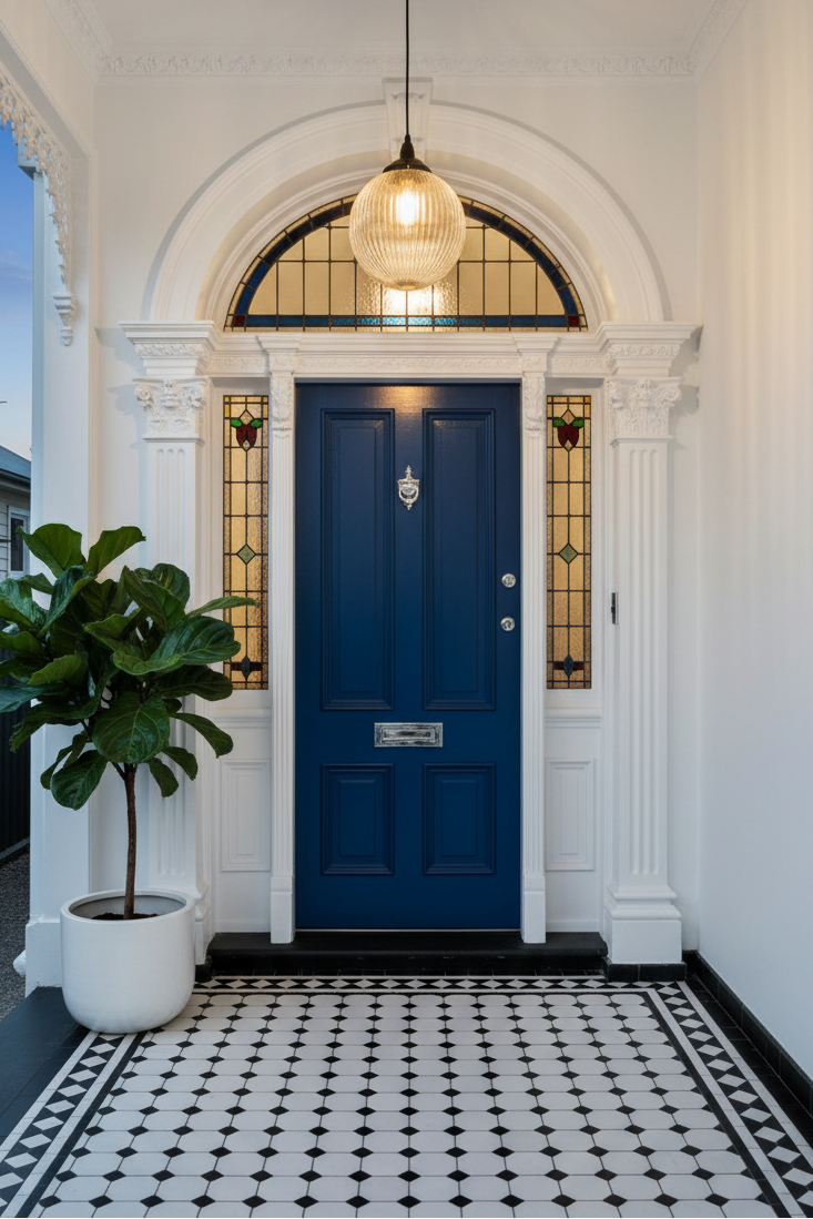 A classic front door painted in deep navy blue, framed by white architectural columns and a black-and-white patterned tile floor. A warm glowing glass pendant light hangs above