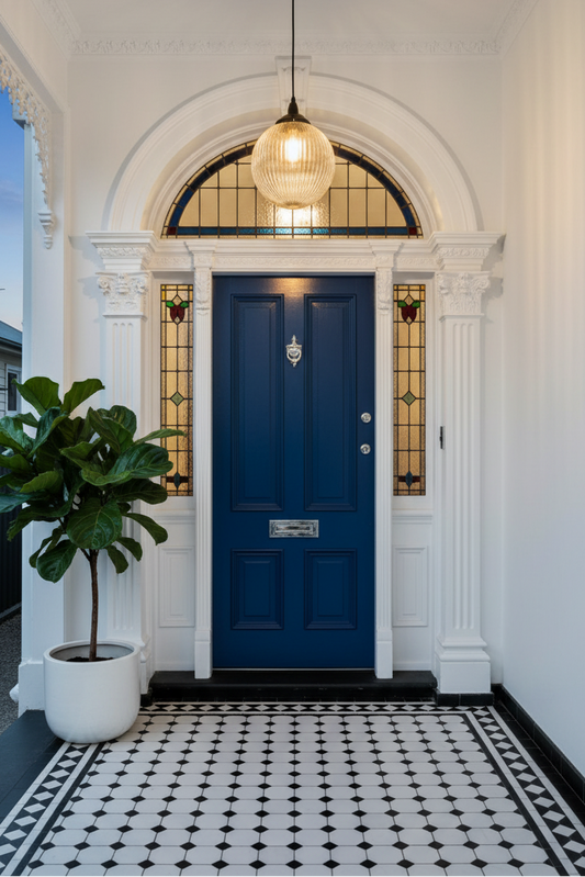 A classic front door painted in deep navy blue, framed by white architectural columns and a black-and-white patterned tile floor. A warm glowing glass pendant light hangs above
