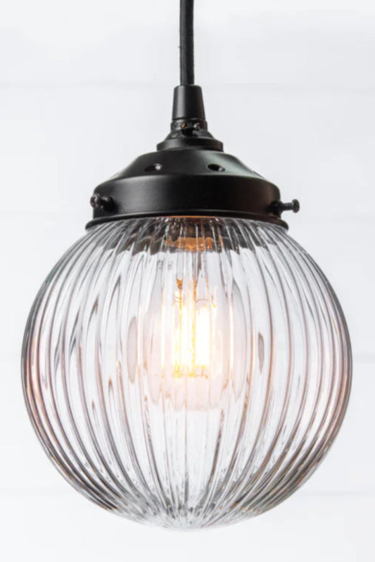 close up of reeded glass pendant clear finish