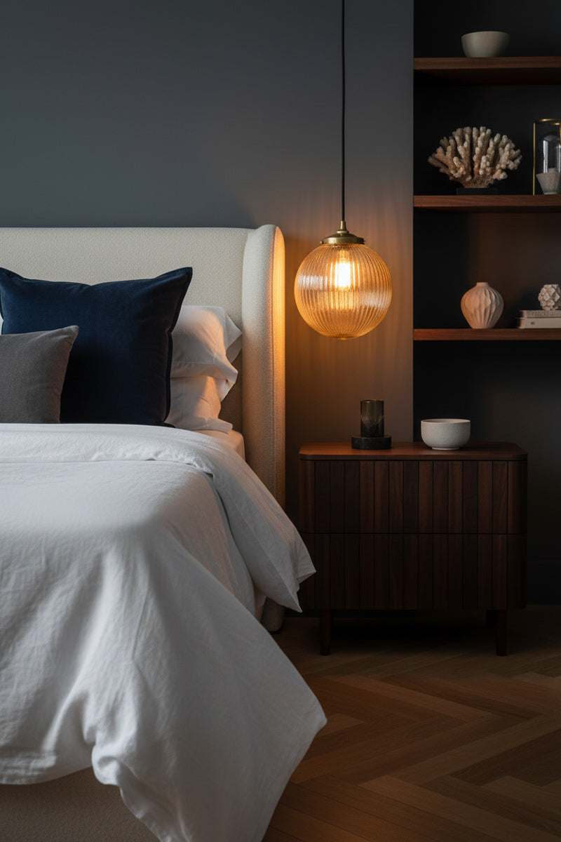 Medium Amber reeded glass ball pendant on a gold/brass gallery and black cord in a bedroom. 