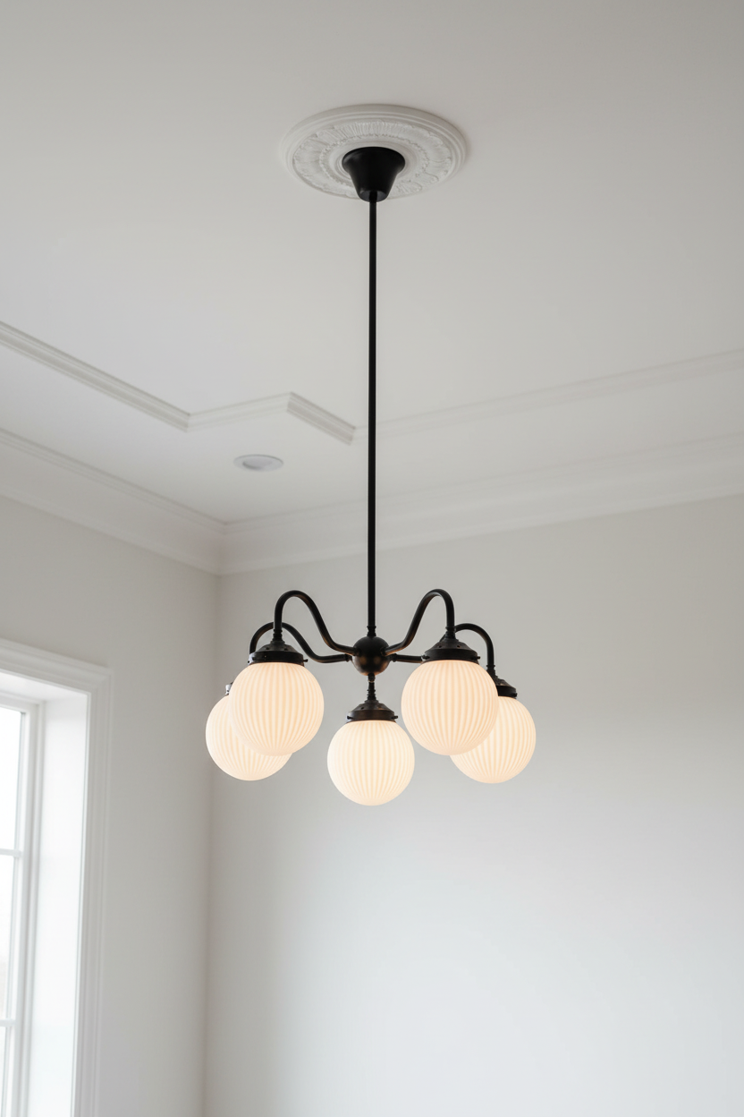 5 arm chandelier with gooseneck style arms in black with opal reeded glass ball shades. 